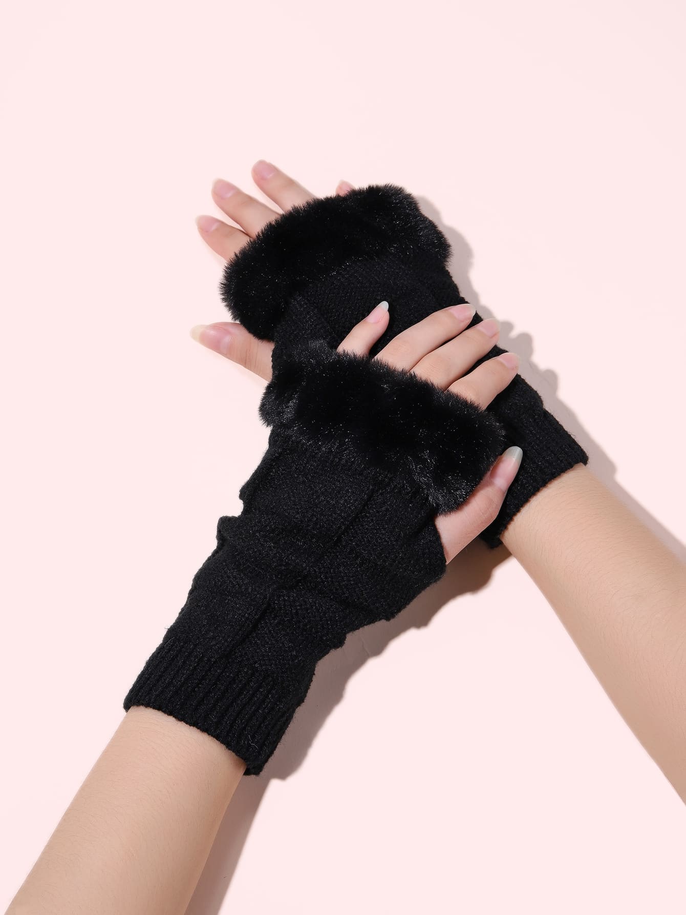 Đôi Găng Tay Dệt Kim Ấm Áp Có Viền Và Nửa Ngón Cho Nữ, Thích Hợp Cho Mùa Thu/Đông, Dự Tiệc/Mặc Hàng Ngày - màu đen - Xem 1