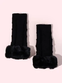 Đôi Găng Tay Dệt Kim Ấm Áp Có Viền Và Nửa Ngón Cho Nữ, Thích Hợp Cho Mùa Thu/Đông, Dự Tiệc/Mặc Hàng Ngày - màu đen - Xem 2