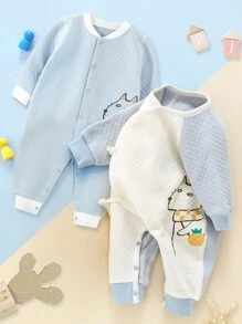 嬰兒1入組卡通和鳳梨印花插肩袖側打結連身褲 - 霧霾藍 - 查看 1