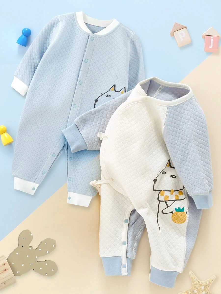 嬰兒1入組卡通和鳳梨印花插肩袖側打結連身褲 - 霧霾藍 - 查看 1