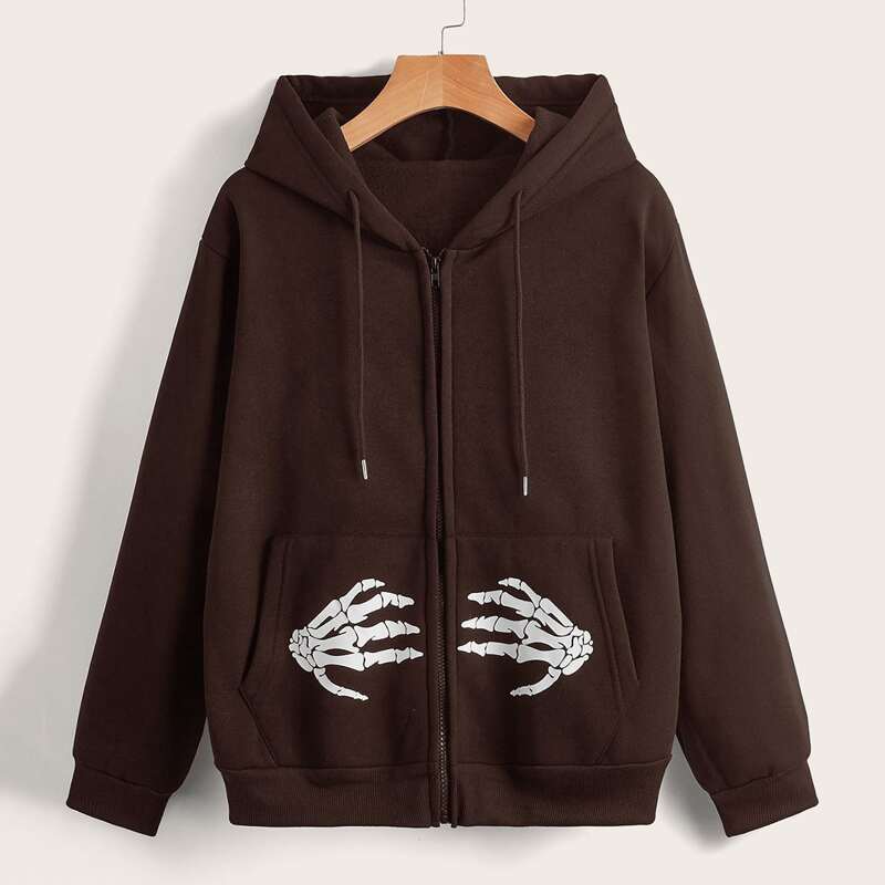

Skeleton Graphic Zip Up Pocket Drawstring Hoodie, Chocolate brown