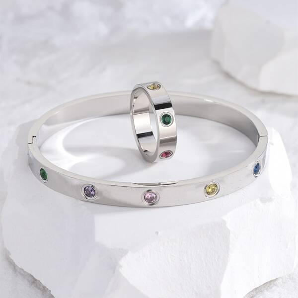 

Rhinestone Decor Bracelet & Ring, Silver
