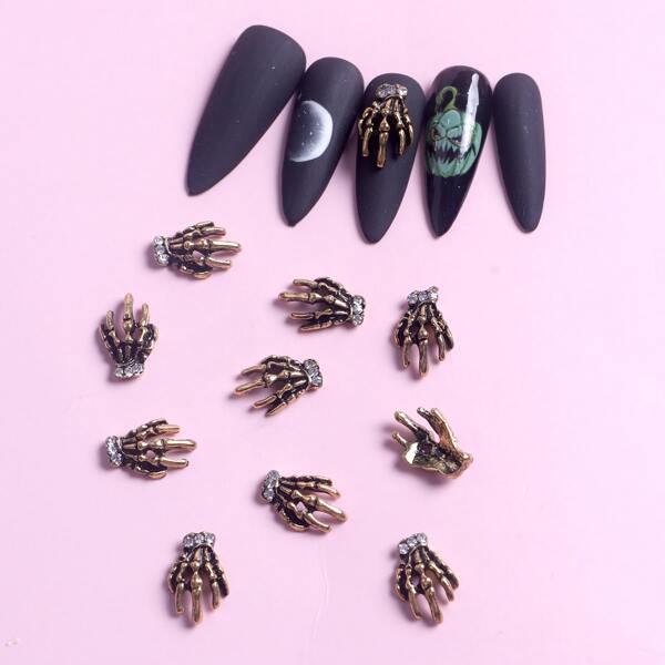 

10pcs Halloween Skeleton Hand Design Nail Art Decoration, Bronze