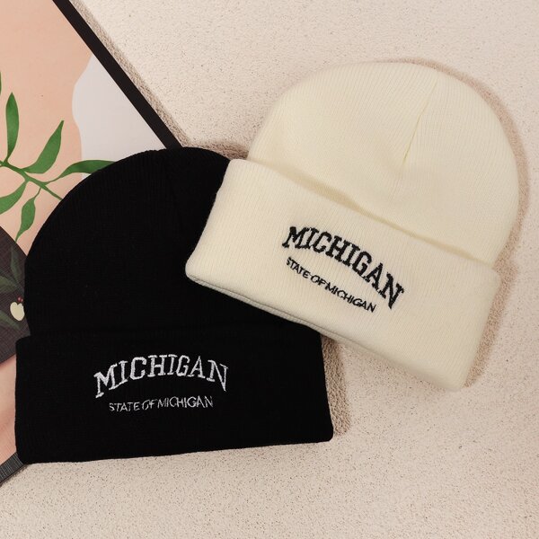 

2pcs Letter Embroidered Knitted Hat, Black and white