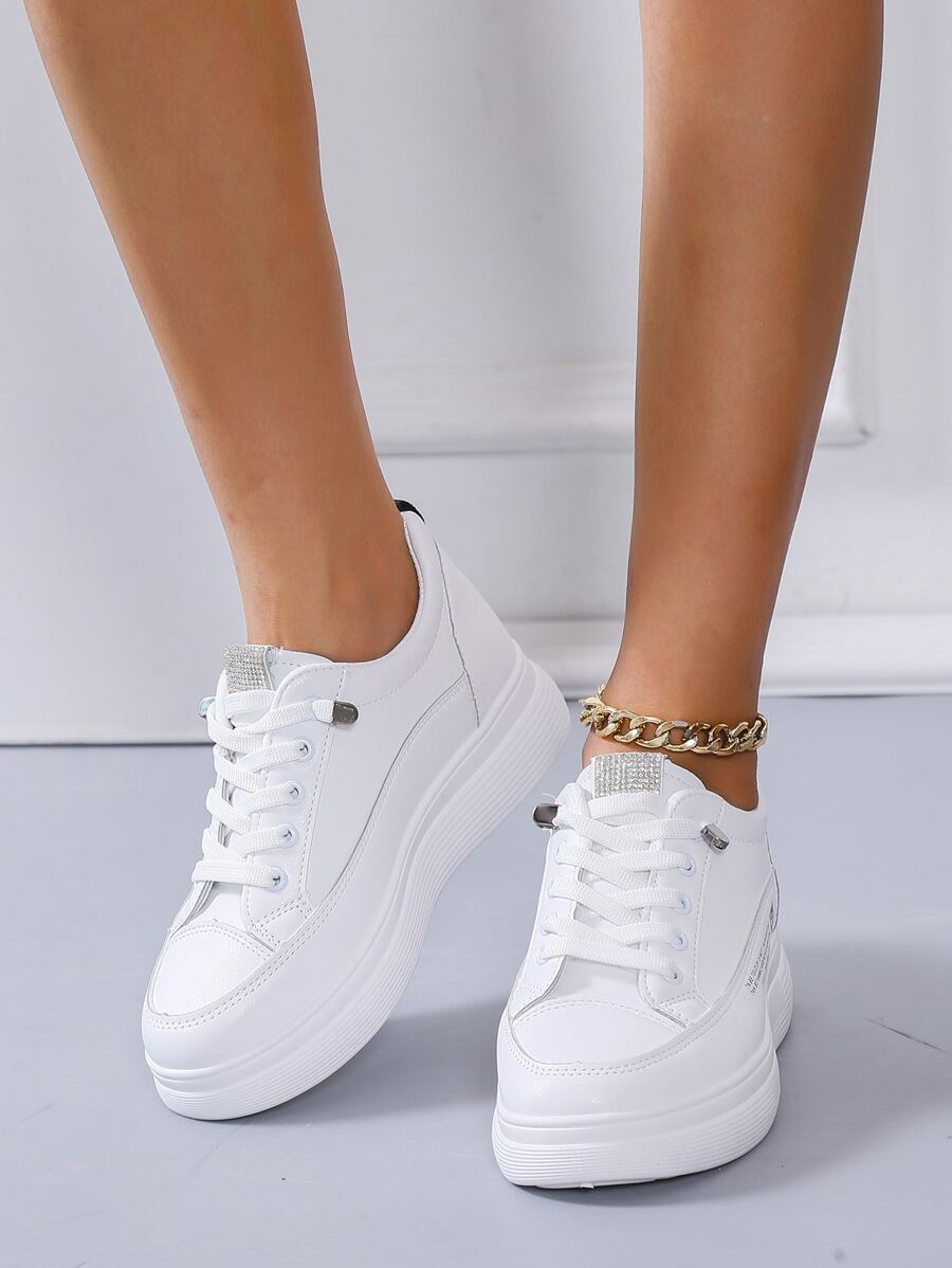 Rhinestone Decor Lace-up Front Skate Shoes - White - View 1