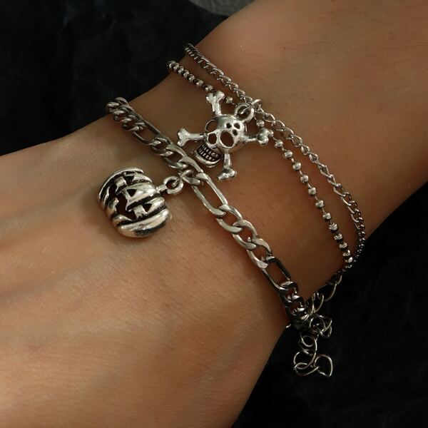 

2pcs Halloween Skull & Pumpkin Charm Bracelet, Silver
