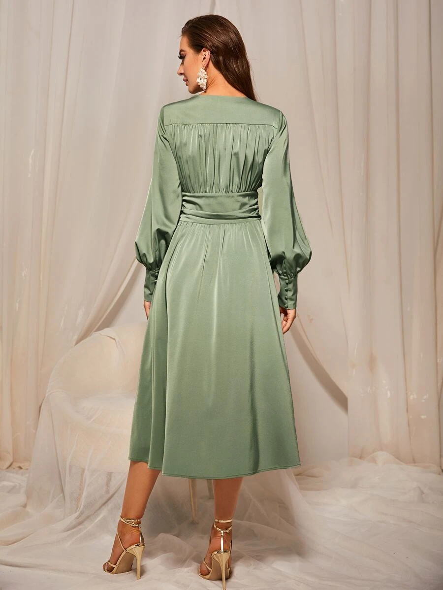MOTF PREMIUM GATHERED BALLOON SLEEVE FLOWY DRESS - Mint Green - View 2