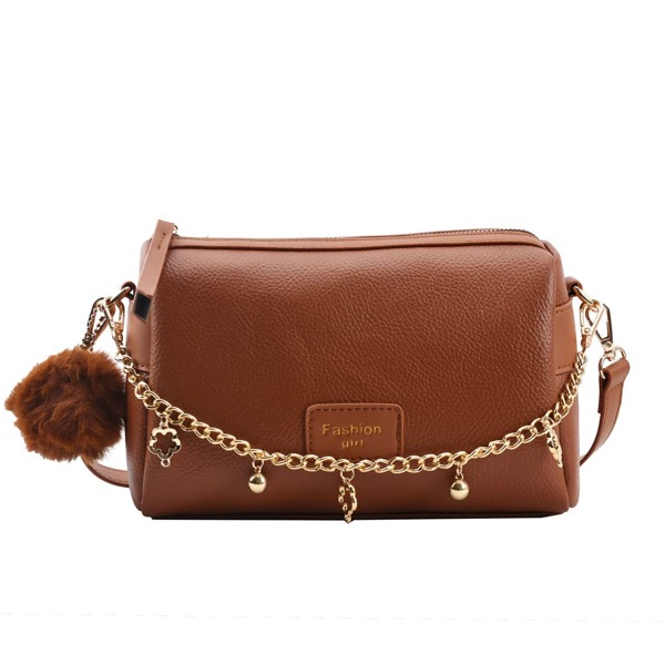 

Letter Patch Pom-Pom Decor Chain Satchel Bag, Brown