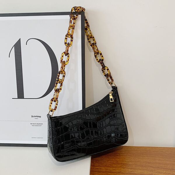 

Croc Embossed Chain Bag, Black