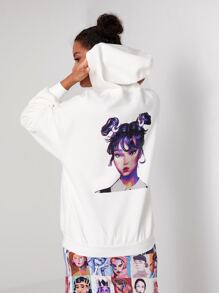 SHEIN 人像圖案落肩袖抽繩連帽衫 - 白色 - 查看 1