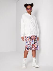 SHEIN 人像圖案落肩袖抽繩連帽衫 - 白色 - 查看 2