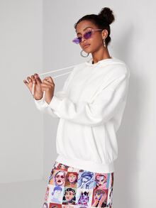 SHEIN 人像圖案落肩袖抽繩連帽衫 - 白色 - 查看 3