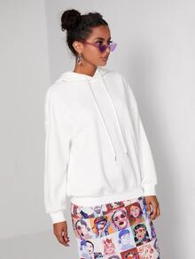 SHEIN 人像圖案落肩袖抽繩連帽衫 - 白色 - 查看 5