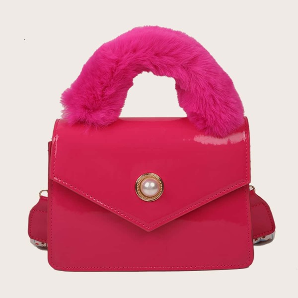 

Fluffy Handle Flap Satchel Bag, Hot pink