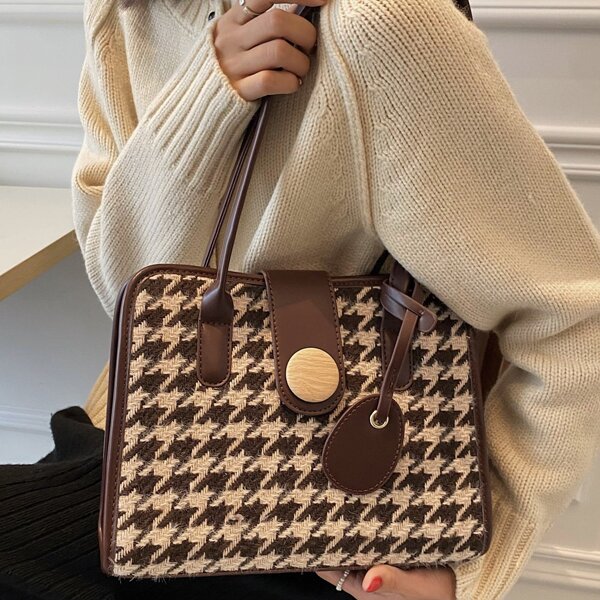 

Tweed Houndstooth Shoulder Tote Bag, Multicolor