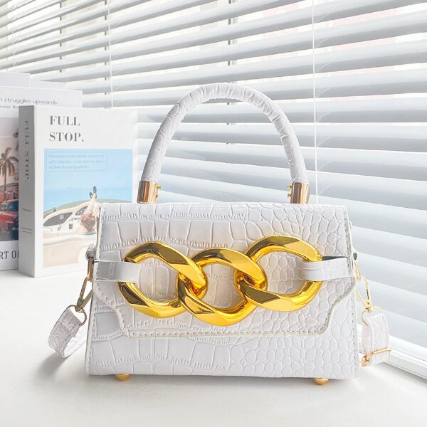 

Croc Embossed Chain Decor Satchel Bag, White
