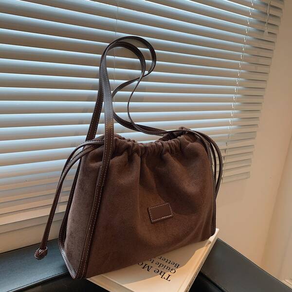 

Letter Patch Drawstring Design Shoulder Tote Bag, Coffee brown