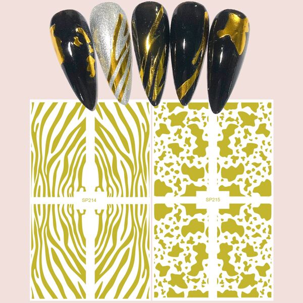 

2sheets Zebra Striped & Cow Print Nail Art Sticker, Gold