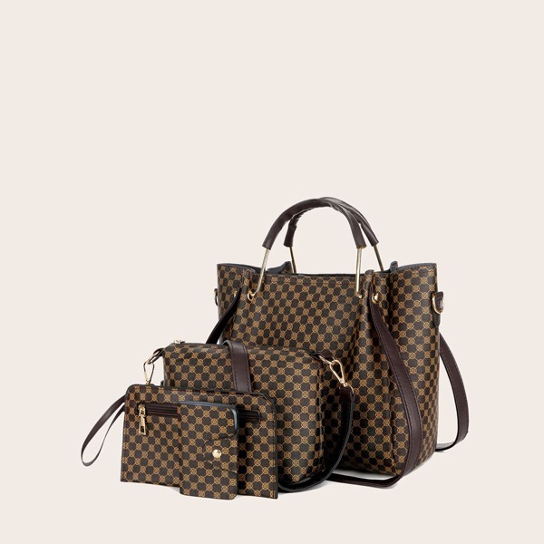 

4pcs Geo Graphic Tote Bag Set, Coffee brown