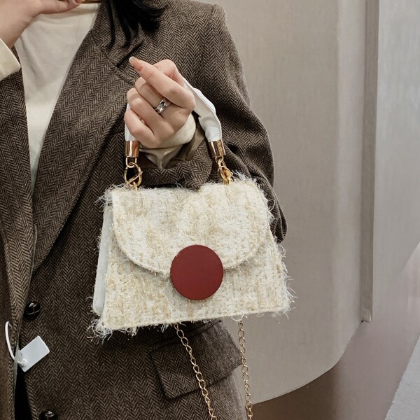 

Round Decor Flap Satchel Bag, White