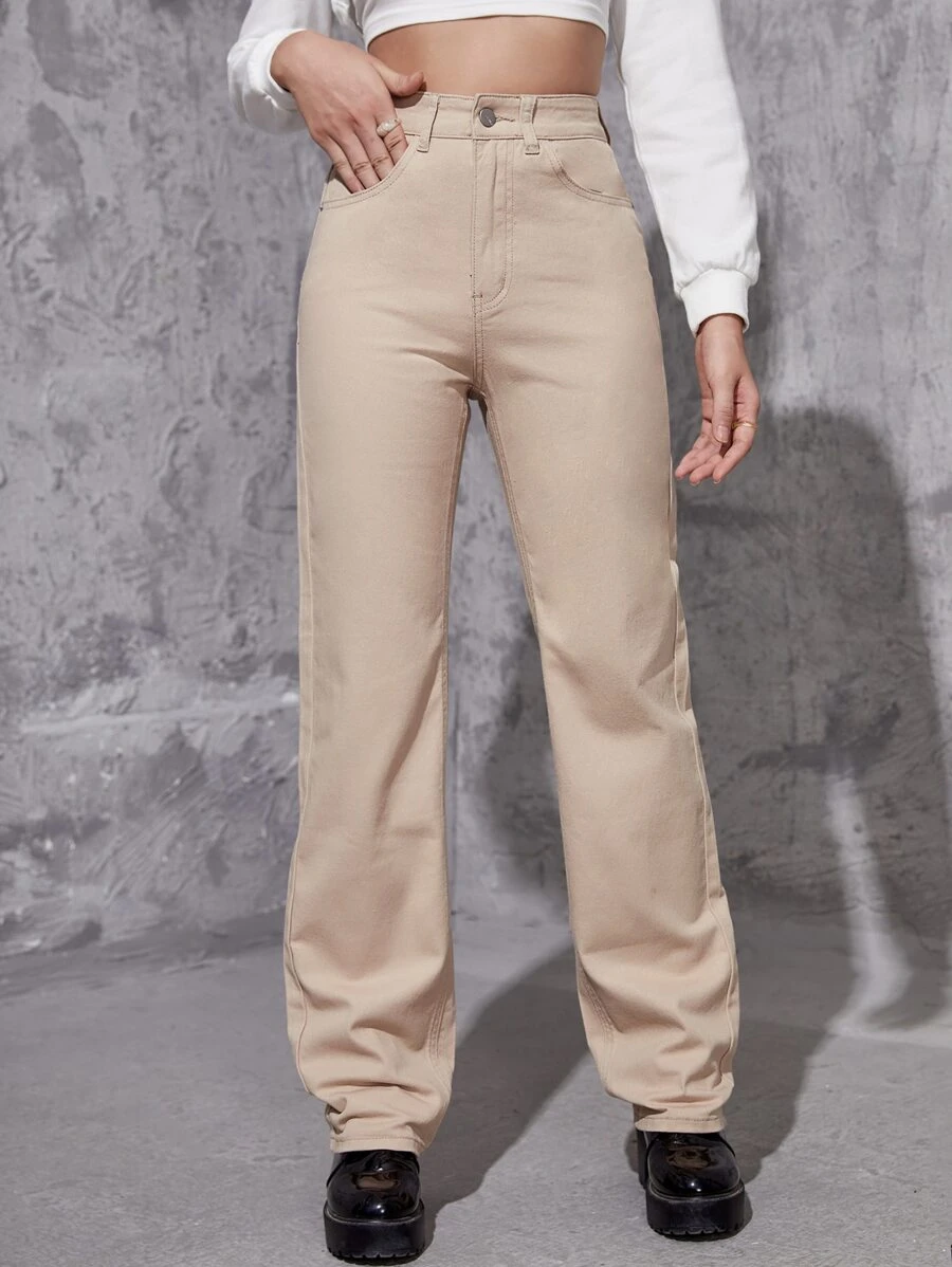 Jeans de talle alto de pierna ancha - Caqui - Ver 1