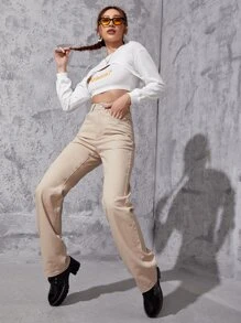 Jeans de talle alto de pierna ancha - Caqui - Ver 3