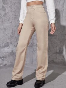 Jeans de talle alto de pierna ancha - Caqui - Ver 5