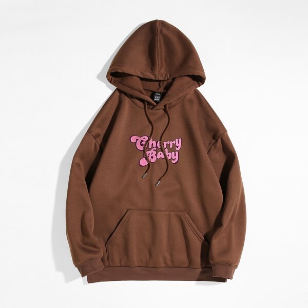 

Kangaroo Pocket Letter Print Hoodie, Coffee brown
