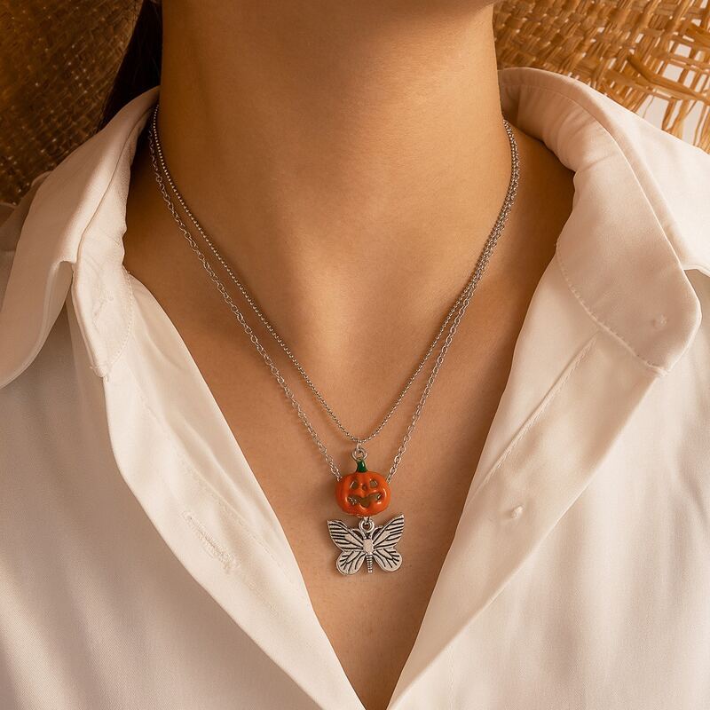 

Halloween Pumpkin Decor Layered Chain Necklace, Silver