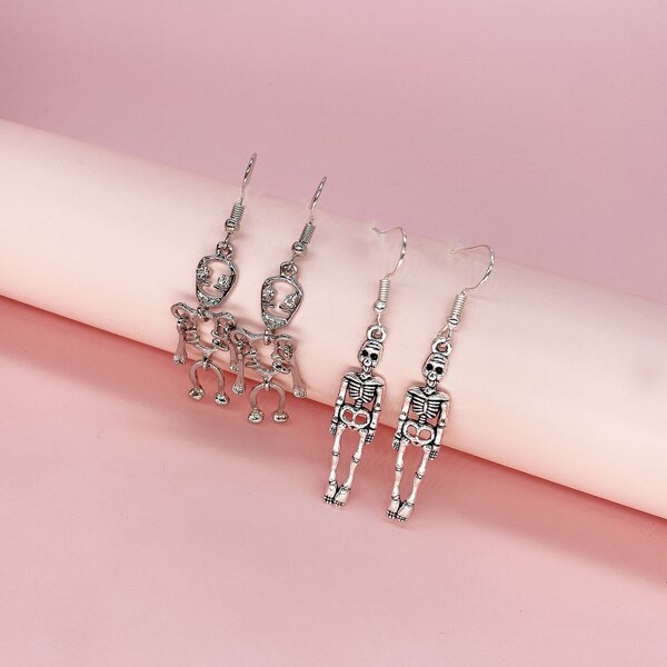 

2pairs Skeleton Charm Earrings, Silver