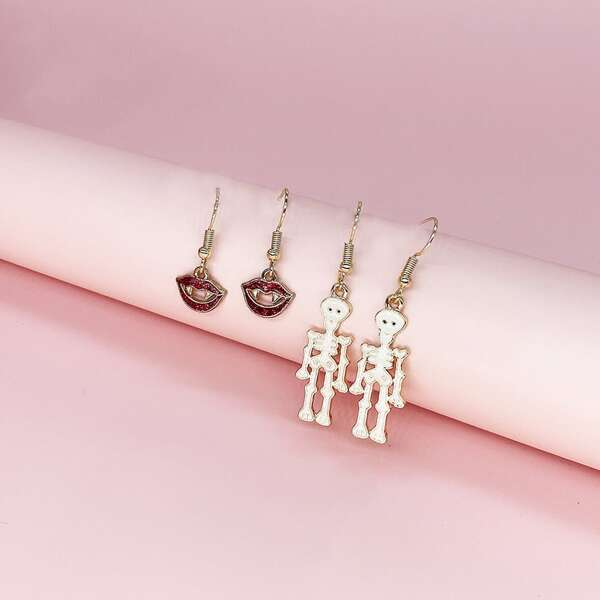 

2pairs Halloween Skull Decor Drop Earrings, Red and white