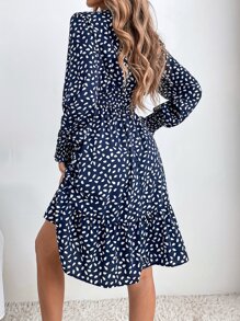 SHEIN Clasi Dalmatian Print Shirred Bishop Sleeve Overlap Collar Ruffle Hem Dress - Blue and White - View 2