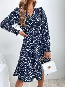 SHEIN Clasi Dalmatian Print Shirred Bishop Sleeve Overlap Collar Ruffle Hem Dress - Blue and White - View 3