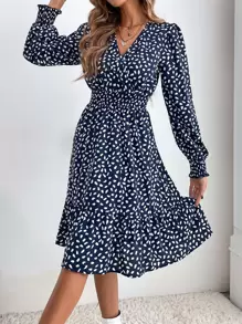 SHEIN Clasi Dalmatian Print Shirred Bishop Sleeve Overlap Collar Ruffle Hem Dress - Blue and White - View 4