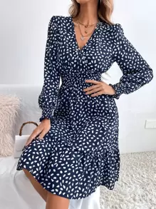 SHEIN Clasi Dalmatian Print Shirred Bishop Sleeve Overlap Collar Ruffle Hem Dress - Blue and White - View 5