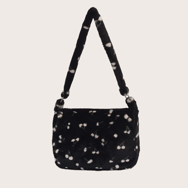 

Fuzzy Cherry Graphic Shoulder Bag, Black and white