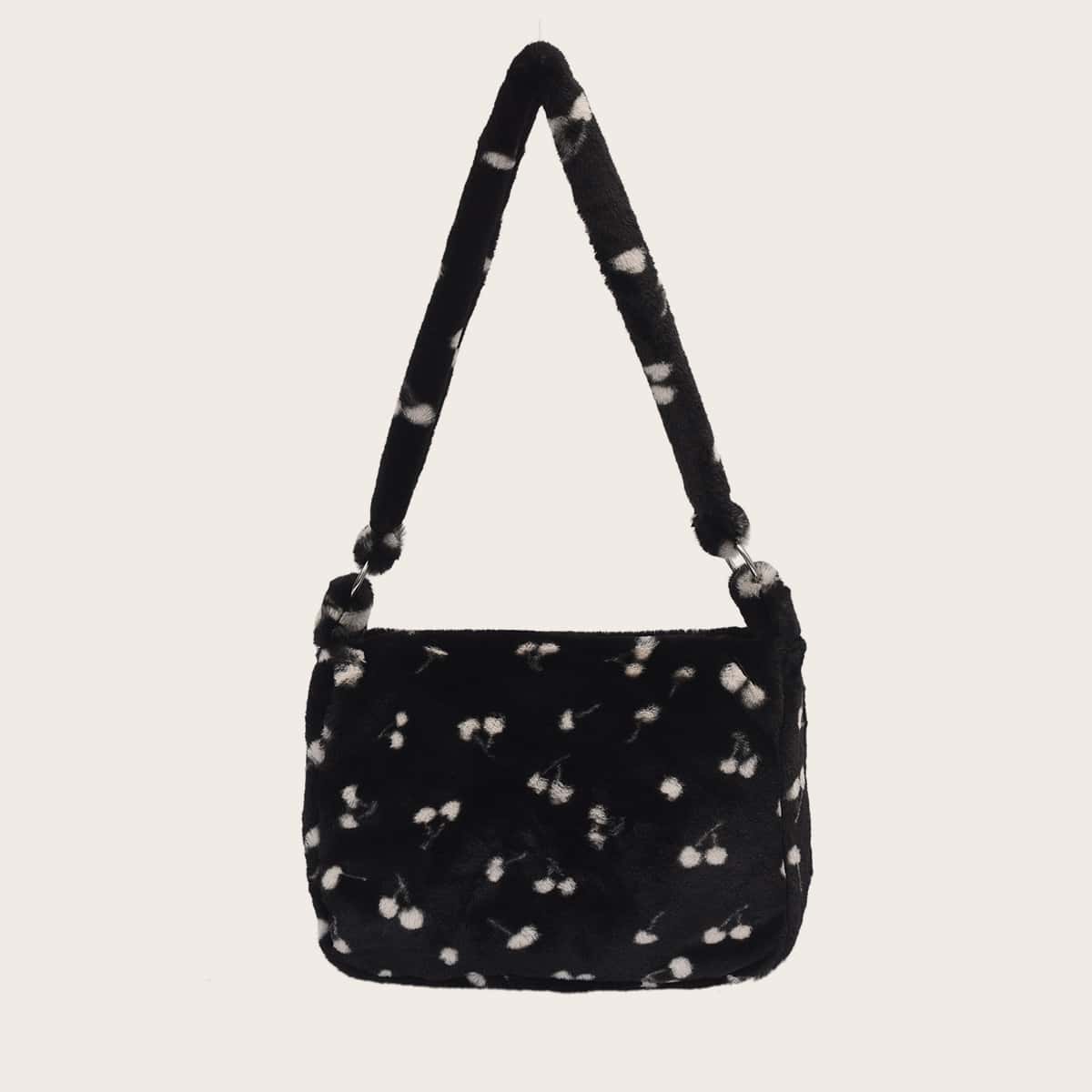 

Fuzzy Cherry Graphic Shoulder Bag, Black and white