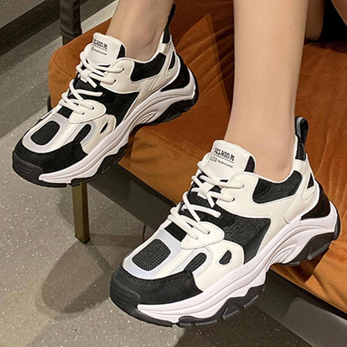 

Colorblock Lace Up Front Chunky Sneakers, Black