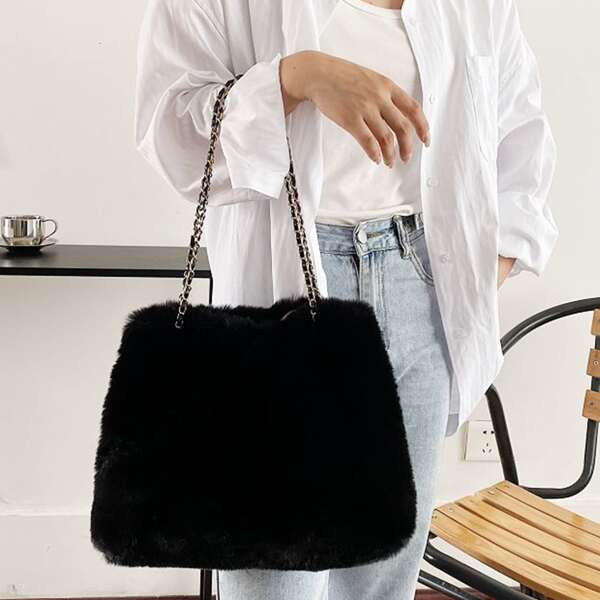 

Minimalist Fluffy Chain Shoulder Tote Bag, Black