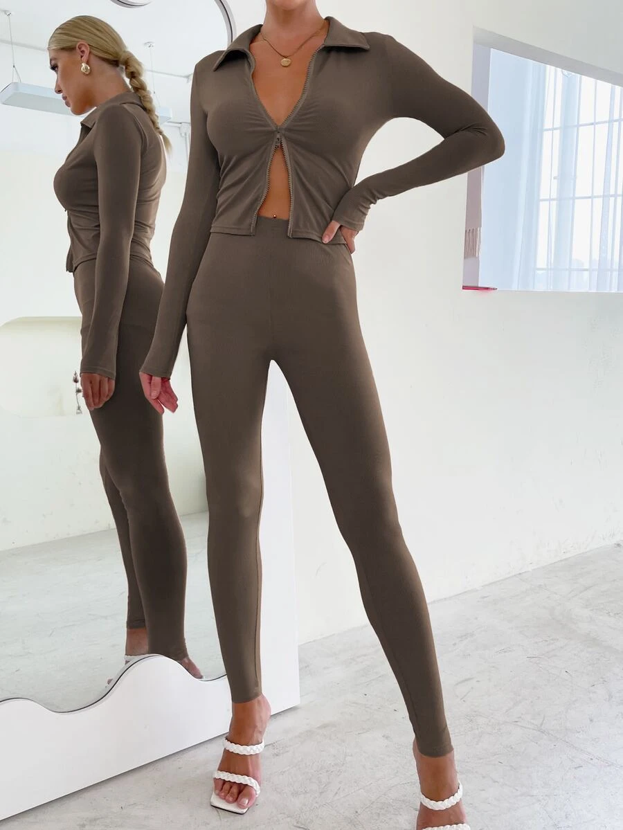 SHEIN Essnce 拉鏈開襟上衣和緊身打底褲套裝 - 巧克力棕 - 查看 1