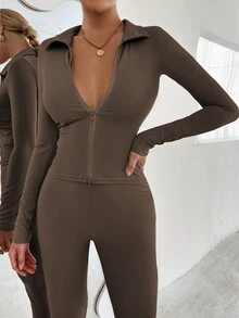 SHEIN Essnce 拉鏈開襟上衣和緊身打底褲套裝 - 巧克力棕 - 查看 4