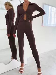 Chiquease 拉鏈開襟上衣和緊身打底褲套裝 - 巧克力棕 - 查看 3