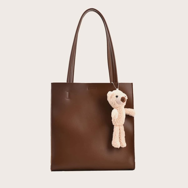 

Minimalist Shoulder Tote Bag With Bag Charm, Coffee brown