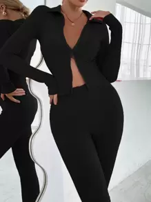 Chiquease Zip Up Top & Leggings Set Fall Cloth For Women - Black - View 3