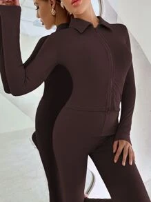 Chiquease 拉鏈開襟上衣和緊身打底褲套裝 - 巧克力棕 - 查看 5