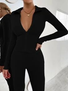 Chiquease Zip Up Top & Leggings Set Fall Cloth For Women - Black - View 5