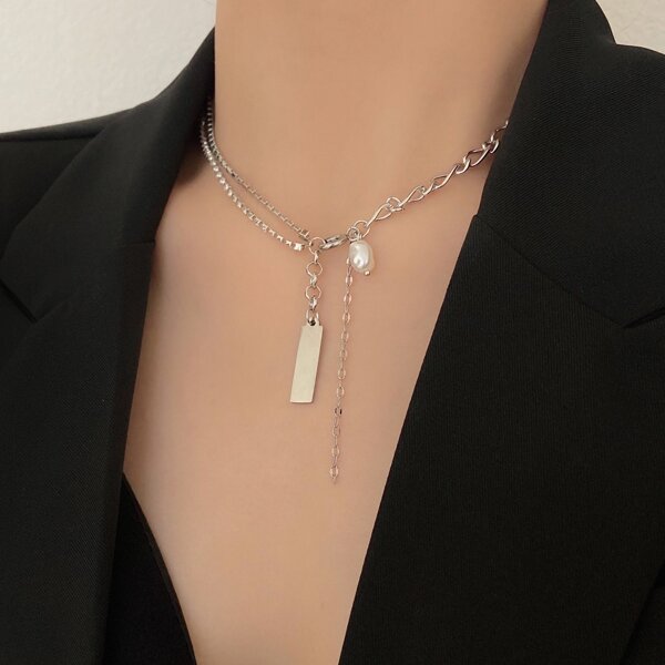 

Faux Pearl Charm Necklace, Silver