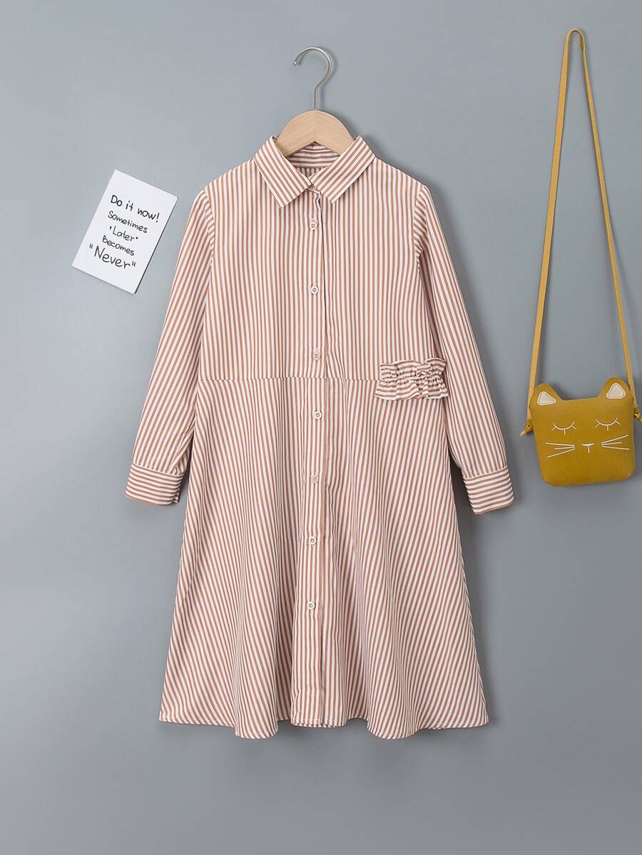 Girls Striped Print Frill Trim Shirt Dress - Multicolor - View 1
