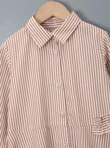 Girls Striped Print Frill Trim Shirt Dress - Multicolor - View 8