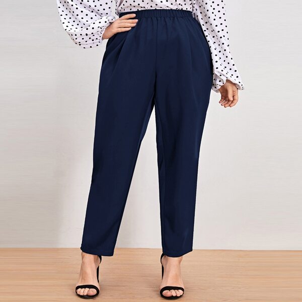 

Plus Solid Elastic Waist Pants, Navy blue